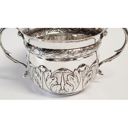 98 - A VERY FINE SOLID SILVER TWO HANDLE BOWL, decorated with beautiful acanthus leaf design to the base ... 