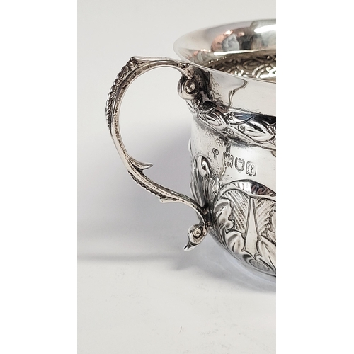 98 - A VERY FINE SOLID SILVER TWO HANDLE BOWL, decorated with beautiful acanthus leaf design to the base ... 