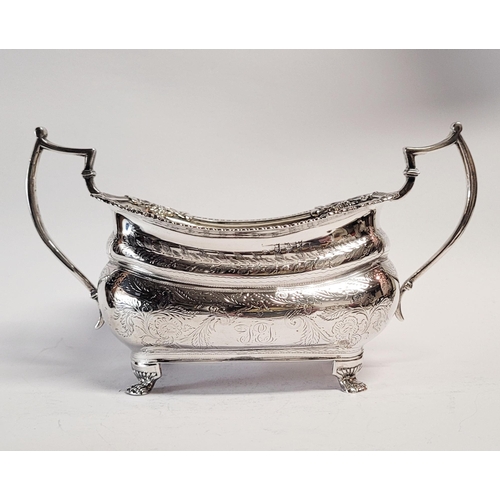 99 - A VERY FINE EARLY 19TH CENTURY GEORGE III IRISH SILVER TWO HANDLE SUGAR BOWL with gilt interior, the... 