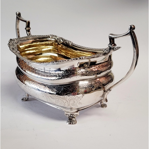 99 - A VERY FINE EARLY 19TH CENTURY GEORGE III IRISH SILVER TWO HANDLE SUGAR BOWL with gilt interior, the... 