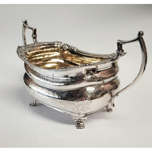 99 - A VERY FINE EARLY 19TH CENTURY GEORGE III IRISH SILVER TWO HANDLE SUGAR BOWL with gilt interior, the... 