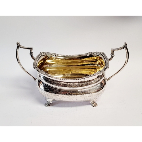 99 - A VERY FINE EARLY 19TH CENTURY GEORGE III IRISH SILVER TWO HANDLE SUGAR BOWL with gilt interior, the... 