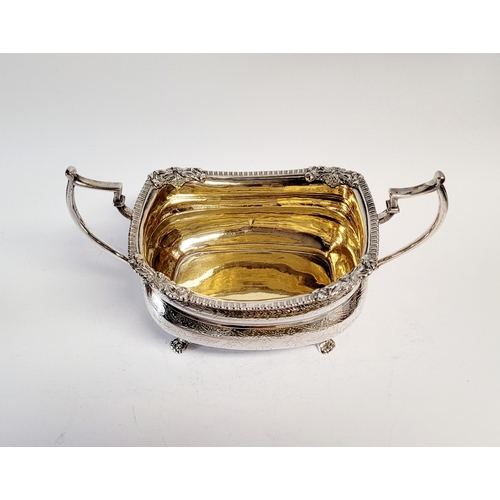 99 - A VERY FINE EARLY 19TH CENTURY GEORGE III IRISH SILVER TWO HANDLE SUGAR BOWL with gilt interior, the... 