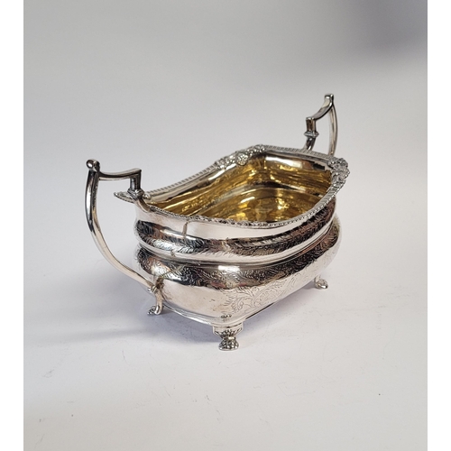 99 - A VERY FINE EARLY 19TH CENTURY GEORGE III IRISH SILVER TWO HANDLE SUGAR BOWL with gilt interior, the... 