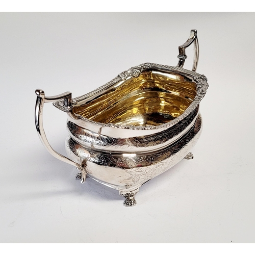 99 - A VERY FINE EARLY 19TH CENTURY GEORGE III IRISH SILVER TWO HANDLE SUGAR BOWL with gilt interior, the... 