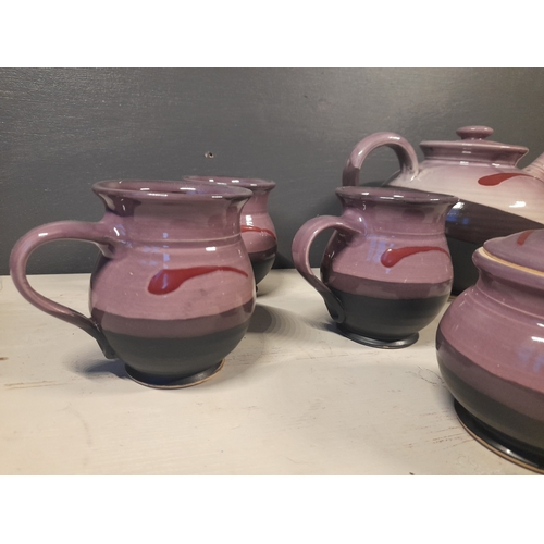 155 - A LOVELY STUDIO POTTERY TEA SERVICE, to include teapot, six mugs, one sugar bowl and one milk jug. E... 