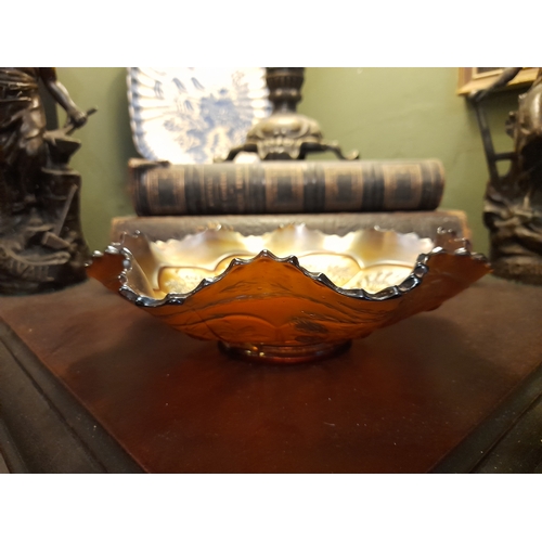 232 - A VINTAGE FENTON CARNIVAL WARE PEACOCK AND GRAPE BOWL, with impressed panels to interior bowl and ru... 