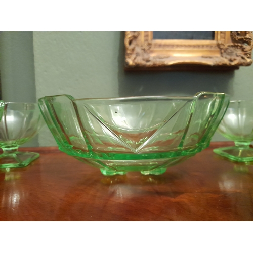 263 - A COLLECTION OF ART DECO GREEN GLASSWARE TO INCLUDE, dessert/punch bowl, along with six small desser... 