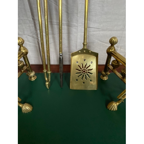 257 - AN EXCELLENT SET OF VICTORIAN BRASS FIRE IRONS AND ANDIRONS, to include shovel, tongs and poker, wit... 