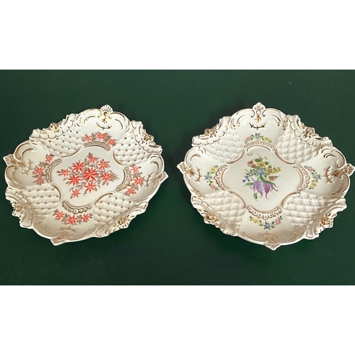 274 - TWO BEAUTIFUL IRISH DRESDEN PORCELAIN PAINTED PLATES, shaped plates with floral painted panels to ce... 