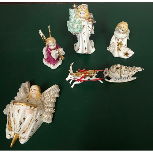 275 - A COLLECTION OF FIVE IRISH DRESDEN PORCELAIN CHRISTMAS FIGURINES, to include Angel Gloria, each with... 