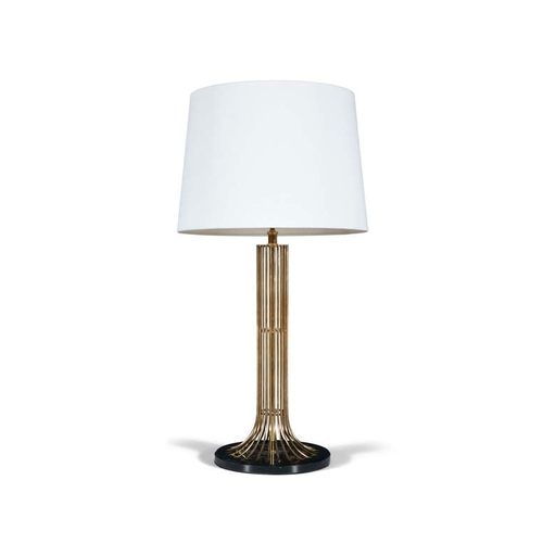 270 - A LARGE GILT BRASS WIREWORK TABLE LAMP, c.1980, on black marble base with an off-white lampshade. Di... 