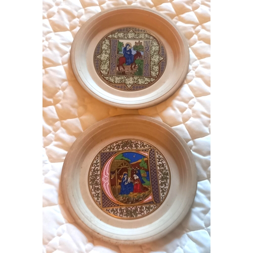 285 - AN CHARMING PAINTED PORCELAIN EIGHT PIECE NATIVITY SCENE, ALONG WITH TWO HORNSEA CHRISTMAS PLATES, (... 