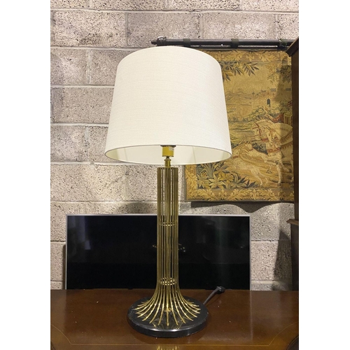 102 - A LARGE GILT BRASS WIREWORK TABLE LAMP, c.1980, on black marble base with an off-white lampshade. Di... 