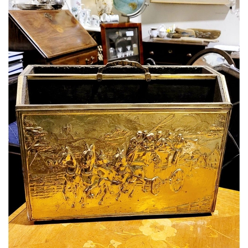 106 - A GOOD QUALITY VINTAGE BRASS COVERED CANTEBURY, the front decorated with a horse & carriage scene. D... 