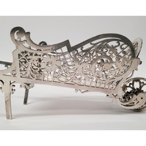 109 - A SOLID SILVER BEAUTIFULLY MADE FRETWORK DECORATED WHEEL BARROW DISH, beautifully made with scrollin... 