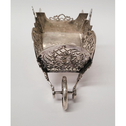 109 - A SOLID SILVER BEAUTIFULLY MADE FRETWORK DECORATED WHEEL BARROW DISH, beautifully made with scrollin... 