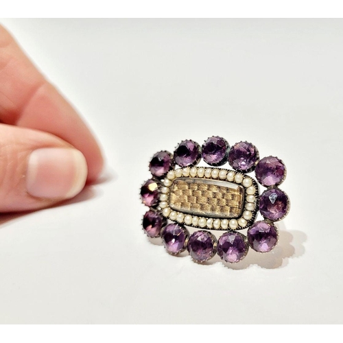 112 - A BEAUTIFUL ANTIQUE 19TH CENTURY AMETHYST & SEED PEARL SET MOURNING BROOCH, this quality piece of co... 