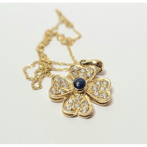 119 - A REALLY PRETTY SPARKLING 14 CT GOLD DIAMOND & BLUE SAPPHIRE PENDANT, on a 14ct gold delicate chain.... 