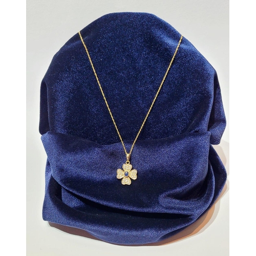 119 - A REALLY PRETTY SPARKLING 14 CT GOLD DIAMOND & BLUE SAPPHIRE PENDANT, on a 14ct gold delicate chain.... 