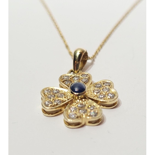 119 - A REALLY PRETTY SPARKLING 14 CT GOLD DIAMOND & BLUE SAPPHIRE PENDANT, on a 14ct gold delicate chain.... 