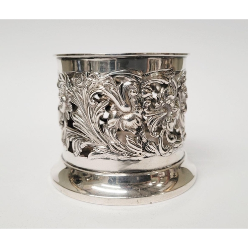 12 - A PAIR OF LATE 19TH CENTURY NEATLY SIZED SOLID SILVER BOTTLE HOLDERS / COASTERS, decorated all over ... 