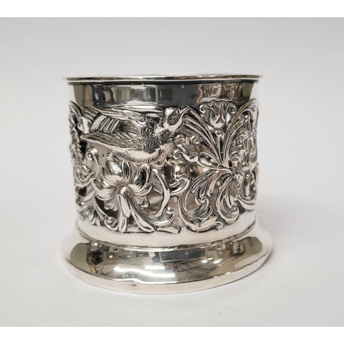 12 - A PAIR OF LATE 19TH CENTURY NEATLY SIZED SOLID SILVER BOTTLE HOLDERS / COASTERS, decorated all over ... 