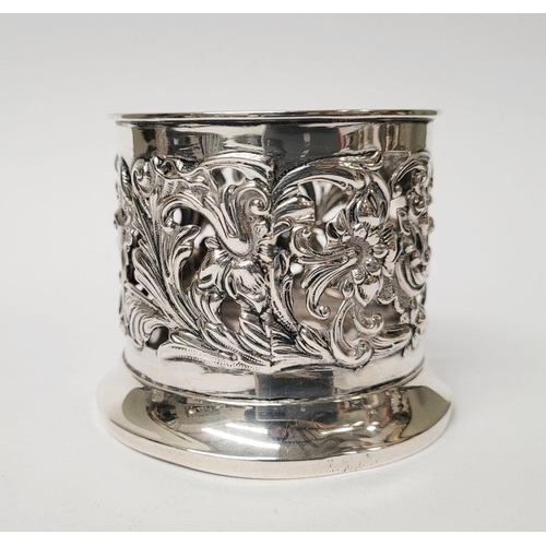 12 - A PAIR OF LATE 19TH CENTURY NEATLY SIZED SOLID SILVER BOTTLE HOLDERS / COASTERS, decorated all over ... 