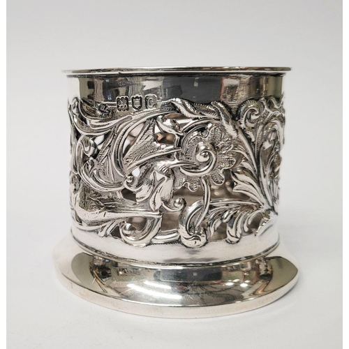 12 - A PAIR OF LATE 19TH CENTURY NEATLY SIZED SOLID SILVER BOTTLE HOLDERS / COASTERS, decorated all over ... 