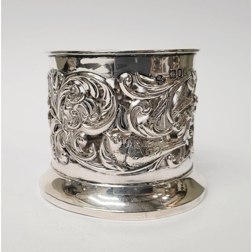 12 - A PAIR OF LATE 19TH CENTURY NEATLY SIZED SOLID SILVER BOTTLE HOLDERS / COASTERS, decorated all over ... 