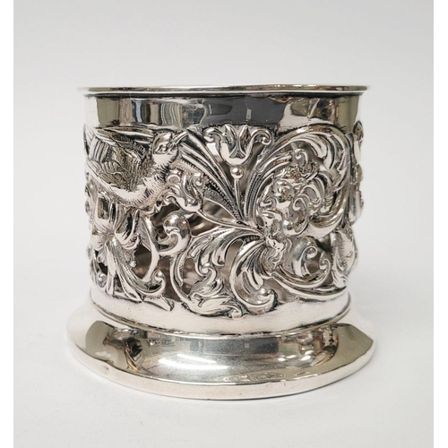 12 - A PAIR OF LATE 19TH CENTURY NEATLY SIZED SOLID SILVER BOTTLE HOLDERS / COASTERS, decorated all over ... 