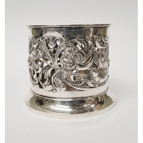 12 - A PAIR OF LATE 19TH CENTURY NEATLY SIZED SOLID SILVER BOTTLE HOLDERS / COASTERS, decorated all over ... 