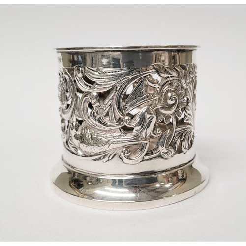 12 - A PAIR OF LATE 19TH CENTURY NEATLY SIZED SOLID SILVER BOTTLE HOLDERS / COASTERS, decorated all over ... 