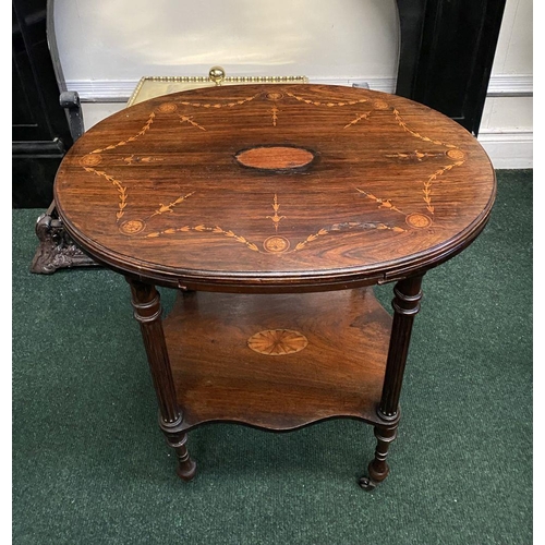 120 - AN EDWARDIAN MAHOGANY OVAL INLAID SIDE/OCCASIONAL TABLE, decorated with bellflower swag inlay to top... 