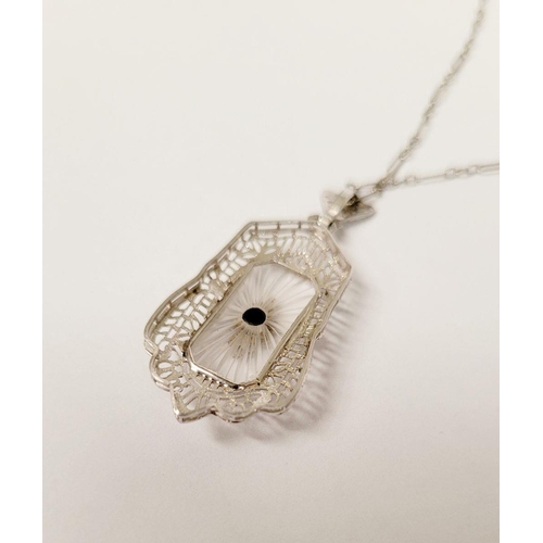 121 - A DELICATE EDWARDIAN STYLE 14CT WHITE GOLD DIAMOND CAMPHOR GLASS PENDANT NECKLACE, the rectangular s... 