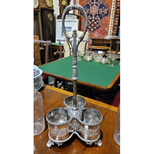 144 - A VINTAGE/ANTIQUE THREE BOTTLE DECANTER CARRIER WITH DECANTERS, dimensions of decanters: 31.5cm x 1 ... 