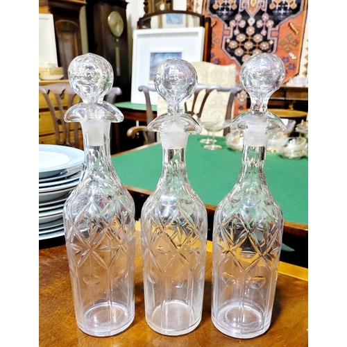 144 - A VINTAGE/ANTIQUE THREE BOTTLE DECANTER CARRIER WITH DECANTERS, dimensions of decanters: 31.5cm x 1 ... 