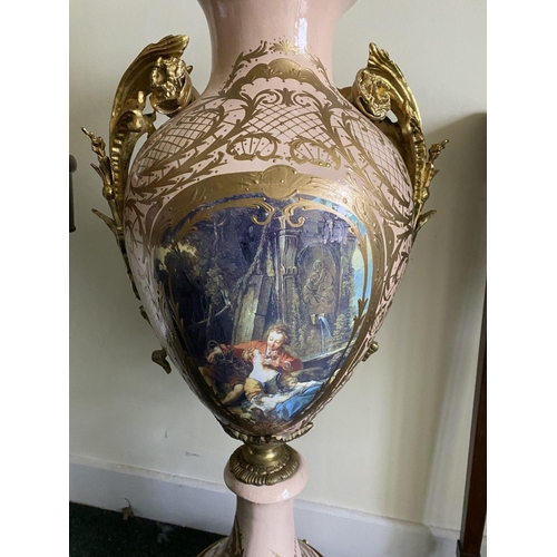 149 - AN EXCELLENT PAIR OF FRENCH SERVES STYLE URN VASES, baluster form, highly decorated with painted pol... 