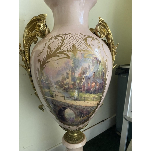 149 - AN EXCELLENT PAIR OF FRENCH SERVES STYLE URN VASES, baluster form, highly decorated with painted pol... 