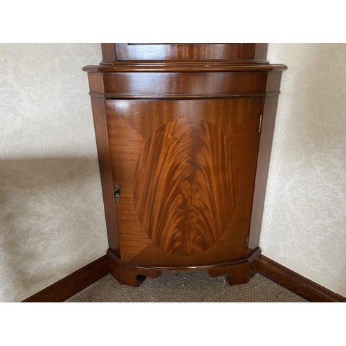 16 - AN EXCEPTIONAL FLAME MAHOGANY BOW FRONTED CORNER CABINET, bow fronted corner cabinet with dentil mol... 