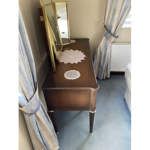 165 - A FINE MAHOGANY FIVE DRAWER VANITY/DRESSING TABLE, with fitted three panel mirror to top, five panel... 