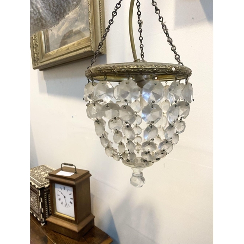 195 - THREE IRISH LATE 19TH CENTURY/EARLY 20TH CENTURY CRYSTAL PURSE/BAG CHANDELIERS, their brass frames w... 