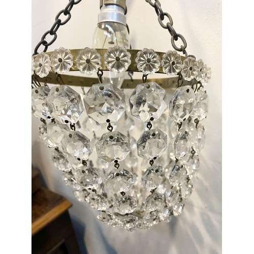 195 - THREE IRISH LATE 19TH CENTURY/EARLY 20TH CENTURY CRYSTAL PURSE/BAG CHANDELIERS, their brass frames w... 