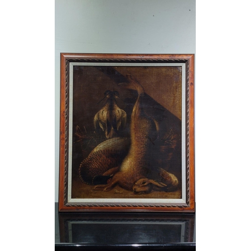 197 - AFTER BENJAMIN BLAKE, HARE & BIRD TABLESCAPE, oil on canvas – has been relined, and is heavily varni... 