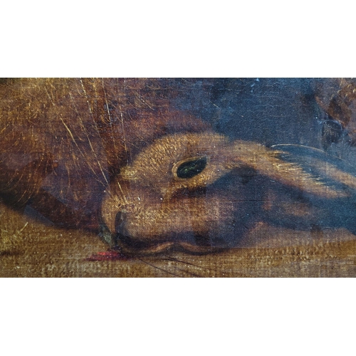 197 - AFTER BENJAMIN BLAKE, HARE & BIRD TABLESCAPE, oil on canvas – has been relined, and is heavily varni... 