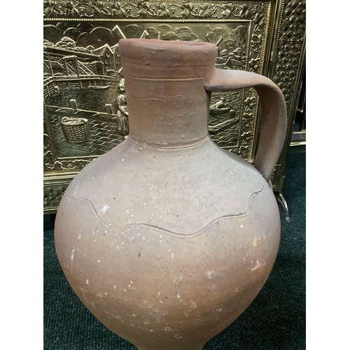 209 - A COLLECTION OF THREE TERRACOTTA PLANTERS, two of urn form with double handles, the larger of urn fo... 