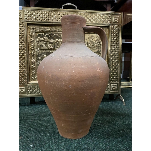 209 - A COLLECTION OF THREE TERRACOTTA PLANTERS, two of urn form with double handles, the larger of urn fo... 