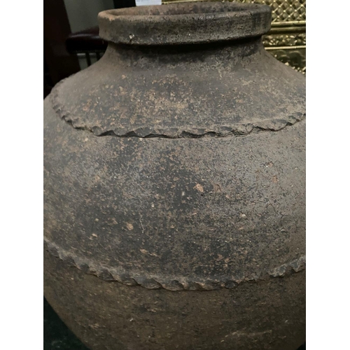 210 - AN ANTIQUE HEAVY TERRACOTTA POT/PLANTER, the bulbous body decorated with thumb-moulded rings, dimens... 