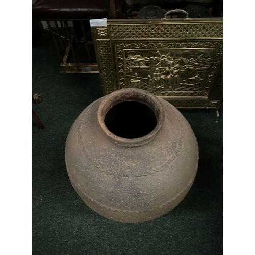 210 - AN ANTIQUE HEAVY TERRACOTTA POT/PLANTER, the bulbous body decorated with thumb-moulded rings, dimens... 