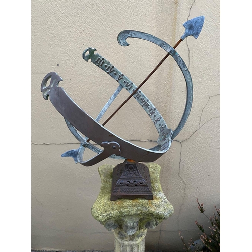 219 - A GOOD QUALITY GARDEN ORNAMENT IN THE FORM OF A METAL ARMILLARY ON A GREEK COLUMN BASE, dimensions: ... 